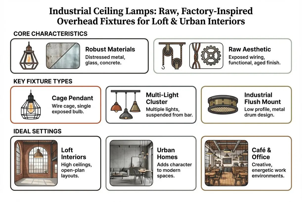Industriële Plafondlampen: Ruwe, Fabriek-Geïnspireerde Overheadarmaturen voor Loft- & Stedelijke Interieurs - infographic