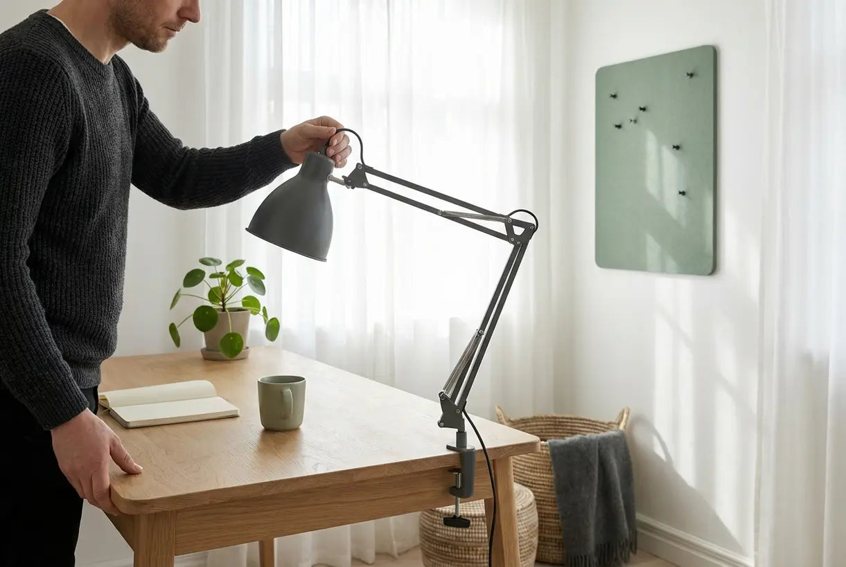 Persoon die een verstelbare klemlamp afstelt in een Scandinavisch thuiskantoor met natuurlijk licht