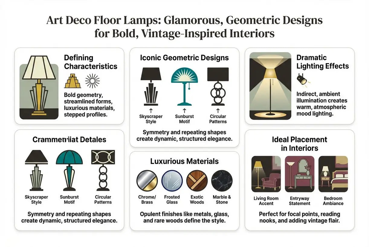 Art Deco vloerlampen: Glamoureuze, geometrische ontwerpen voor gedurfde, vintage-geïnspireerde interieurs - infographic