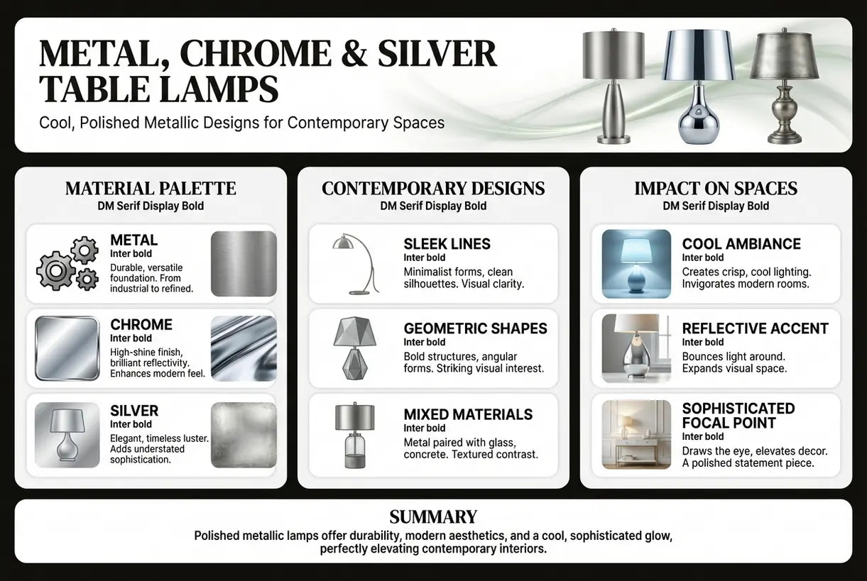 Metaal, chroom & zilveren tafellampen: koele, gepolijste metalen ontwerpen voor eigentijdse ruimtes - infographic