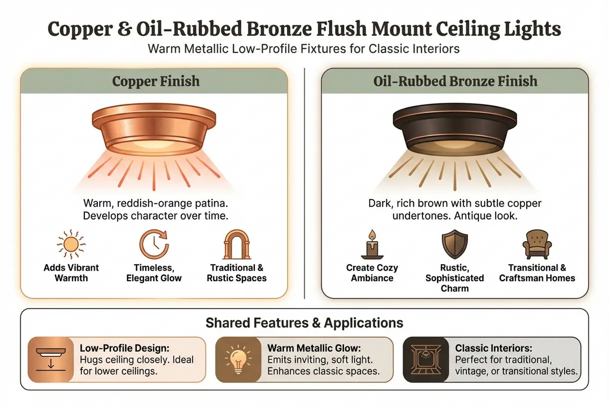 Koper & geolied bronzen plafondlampen: Warme metallic onopvallende armaturen voor klassieke interieurs - infographic