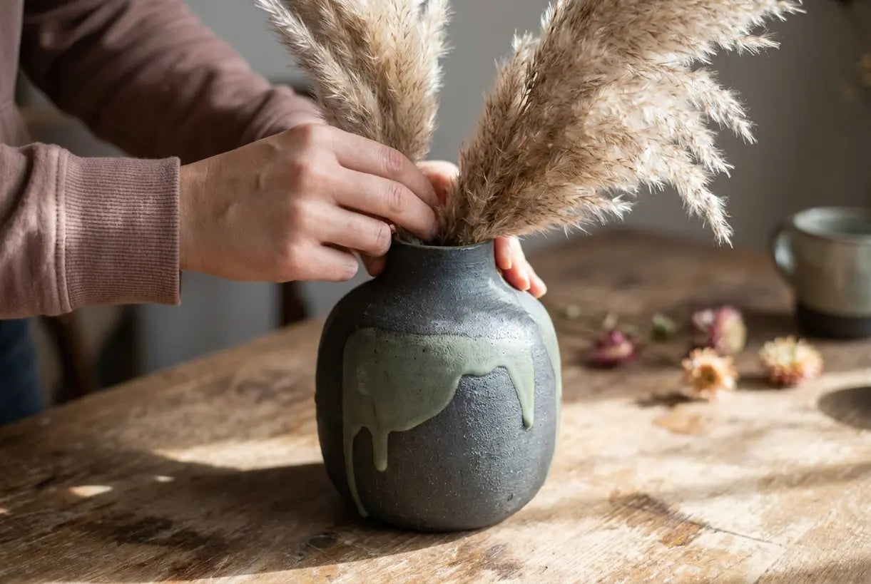 Hände arrangieren getrocknete Blüten in einer rustikalen Keramik-Blumenvase auf einem Holztisch