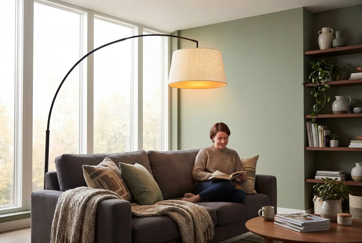 Moderne woonkamer met een boogvloerlamp boven de bank geplaatst voor sfeervolle bovenverlichting