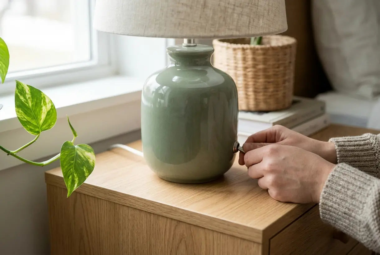 Handen die een saliegroene keramische tafellamp op een eiken nachtkastje met hangplant aanpassen