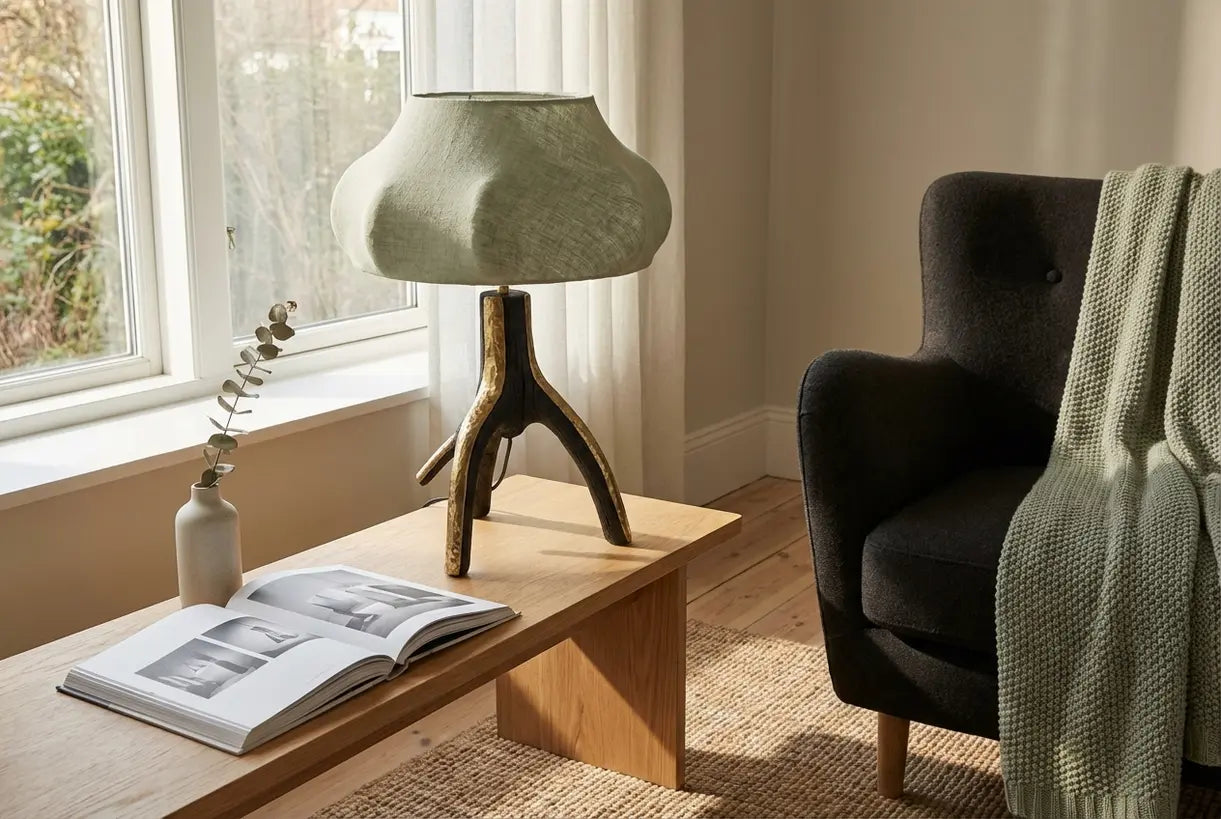 Scandinavische woonkamer met sculpturale statement tafellamp op een gecureerde bijzettafel in natuurlijk licht.