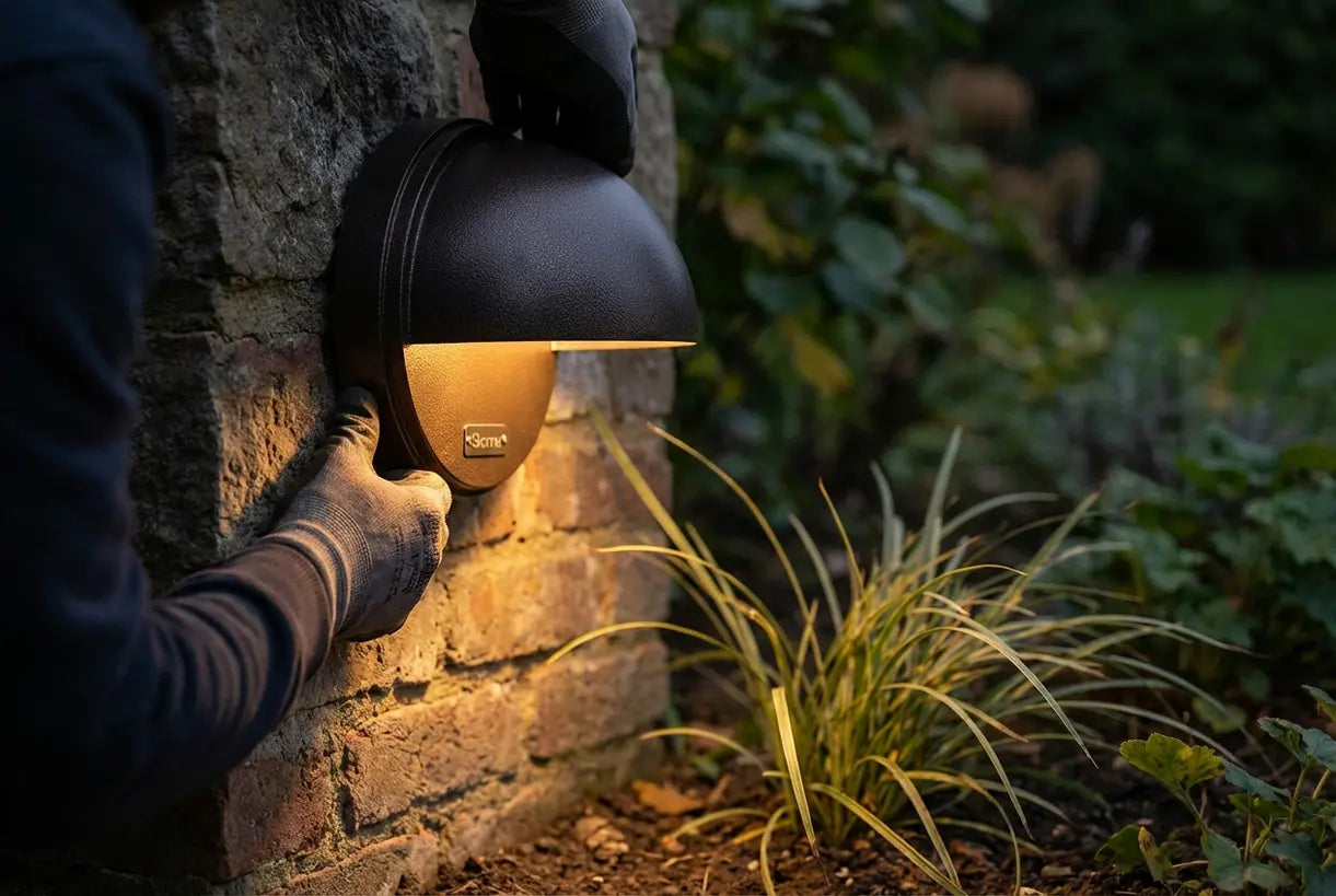 Handen monteren een dark-sky-conforme buitenwandlamp met warm, naar beneden gericht licht
