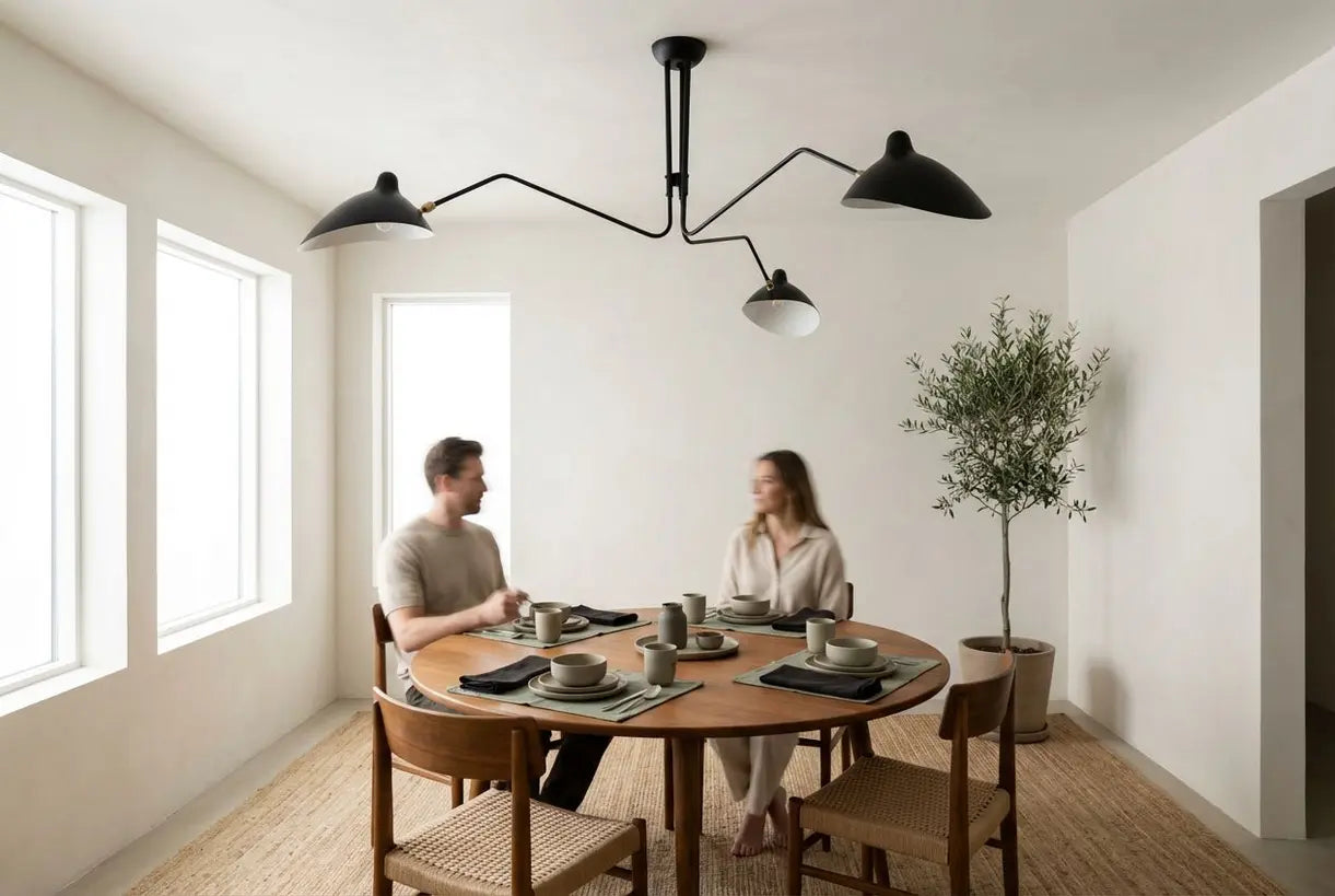 Elegante design plafondlamp installatie in een verfijnde minimalistische interieurruimte