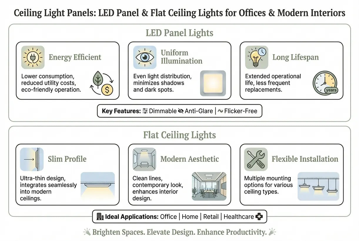 Plafondlichtpanelen: LED-paneel & platte plafondlampen voor kantoren & moderne interieurs - infographic