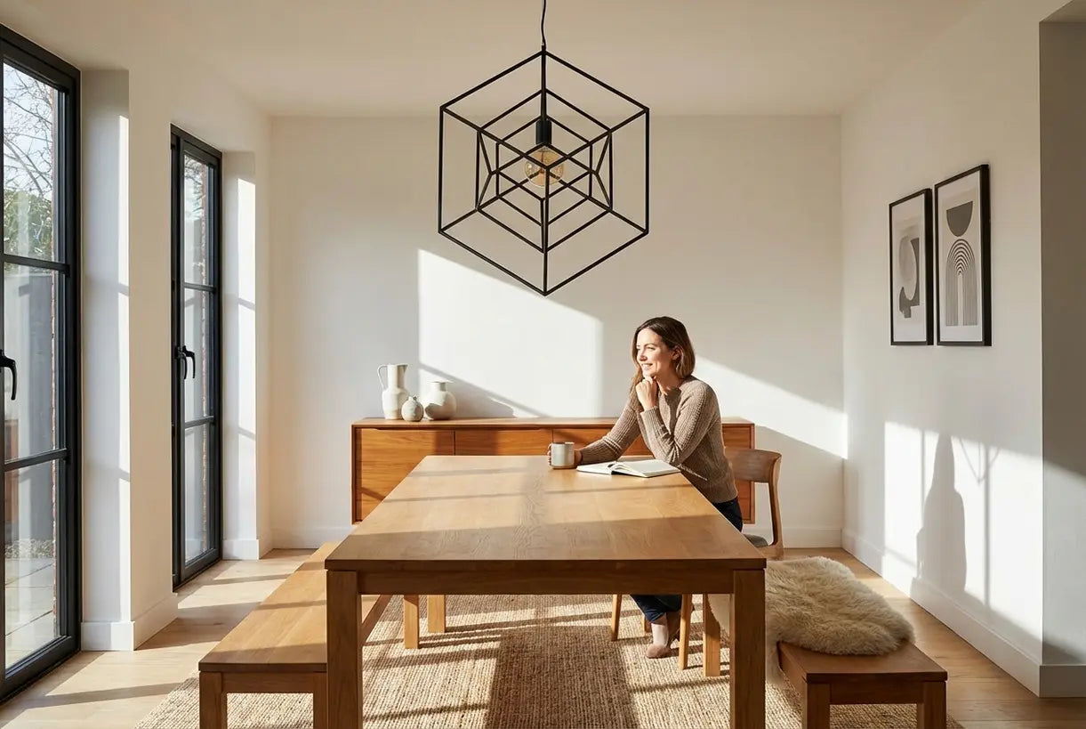Moderne eetkamer met geometrische hanglamp als statement piece