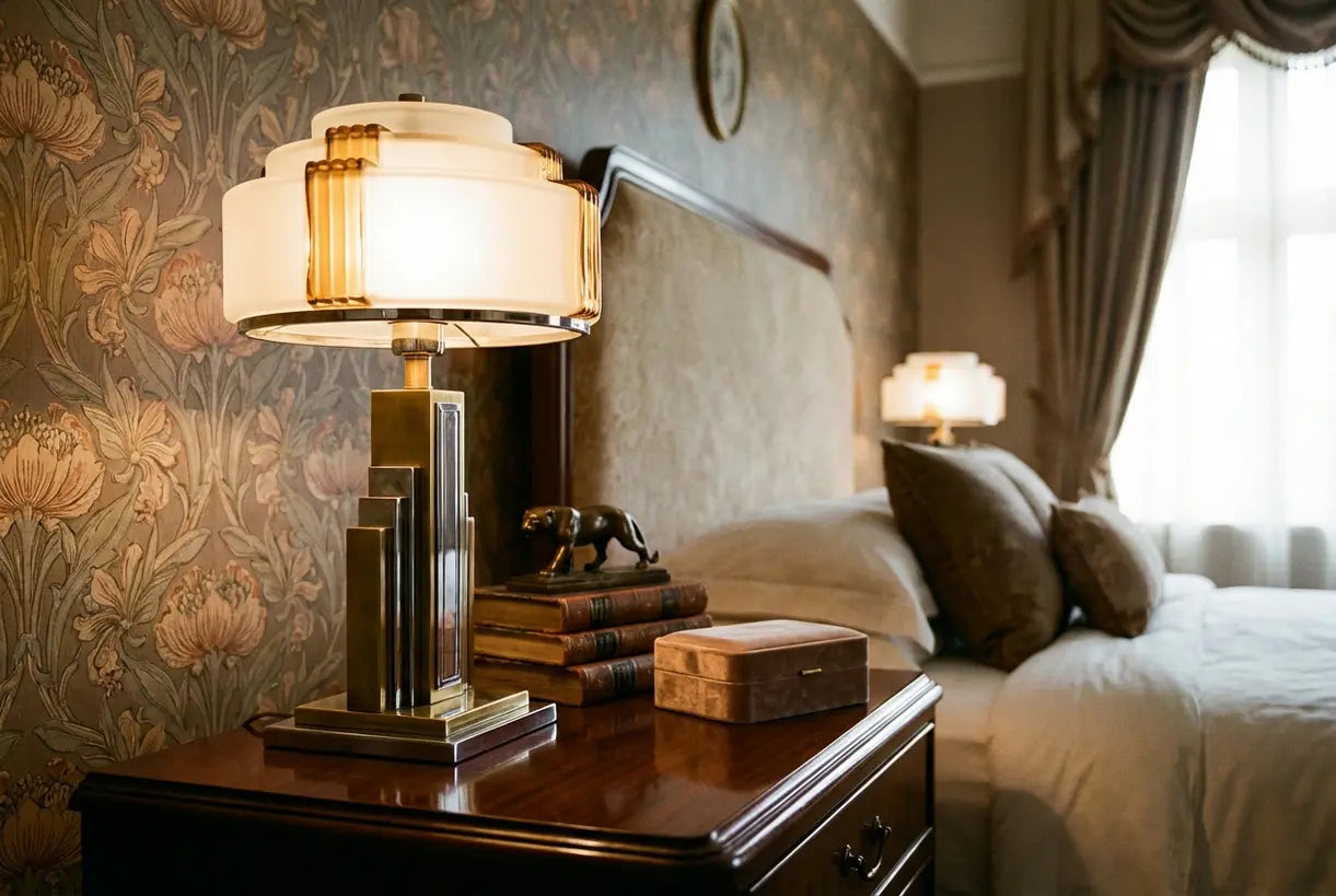Art Deco tafellamp gloeiend op nachtkastje in elegant slaapkamerinterieur