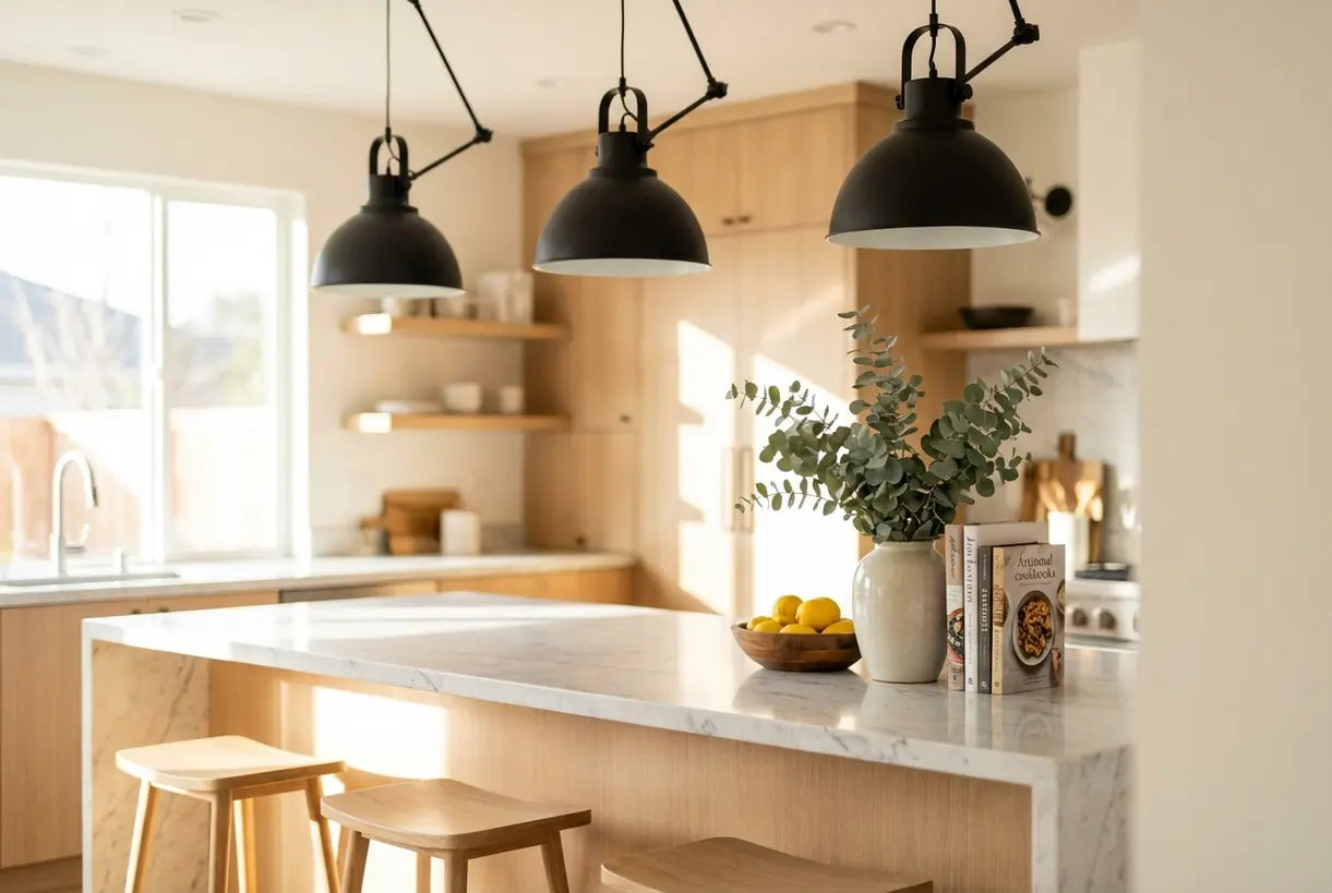 Three pendant lights hanging over a kitchen island