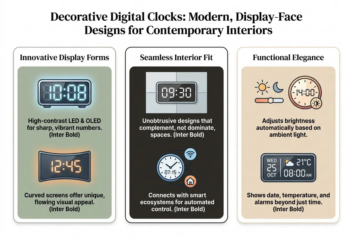 Decorative Digital Clocks: Modern, Display-Face Designs for Contemporary Interiors - infographic