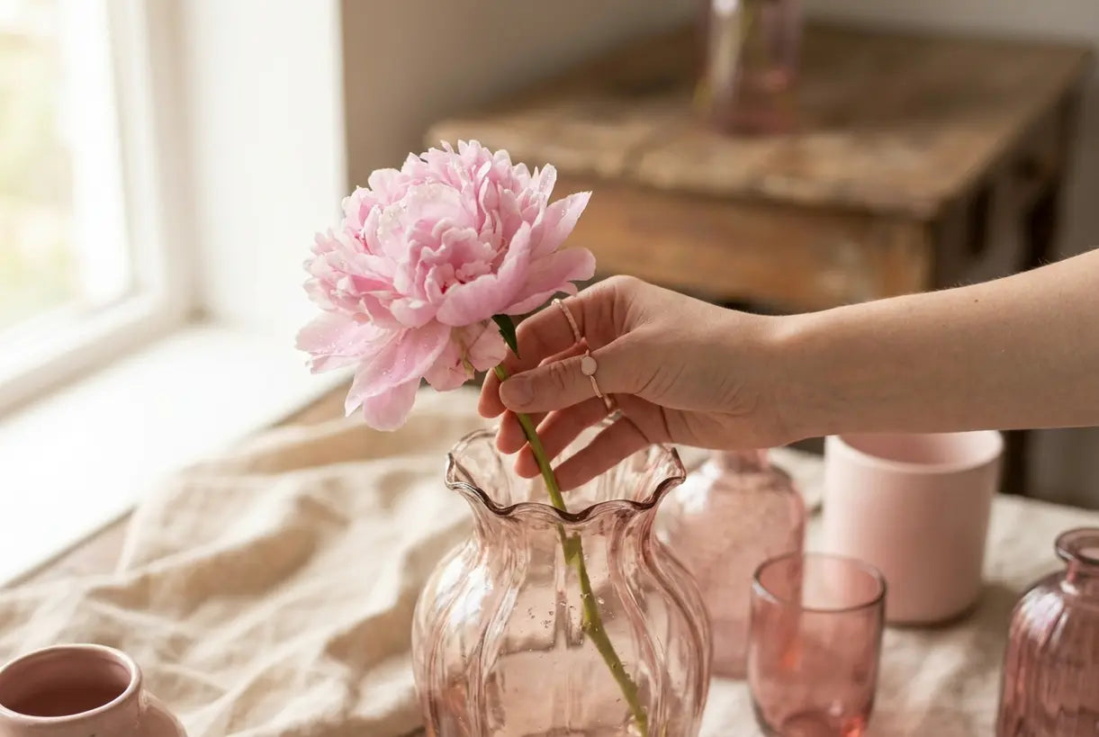 Handen schikken een roze pioenroos in een zachtroze glazen vaas voor een romantisch bloemstuk