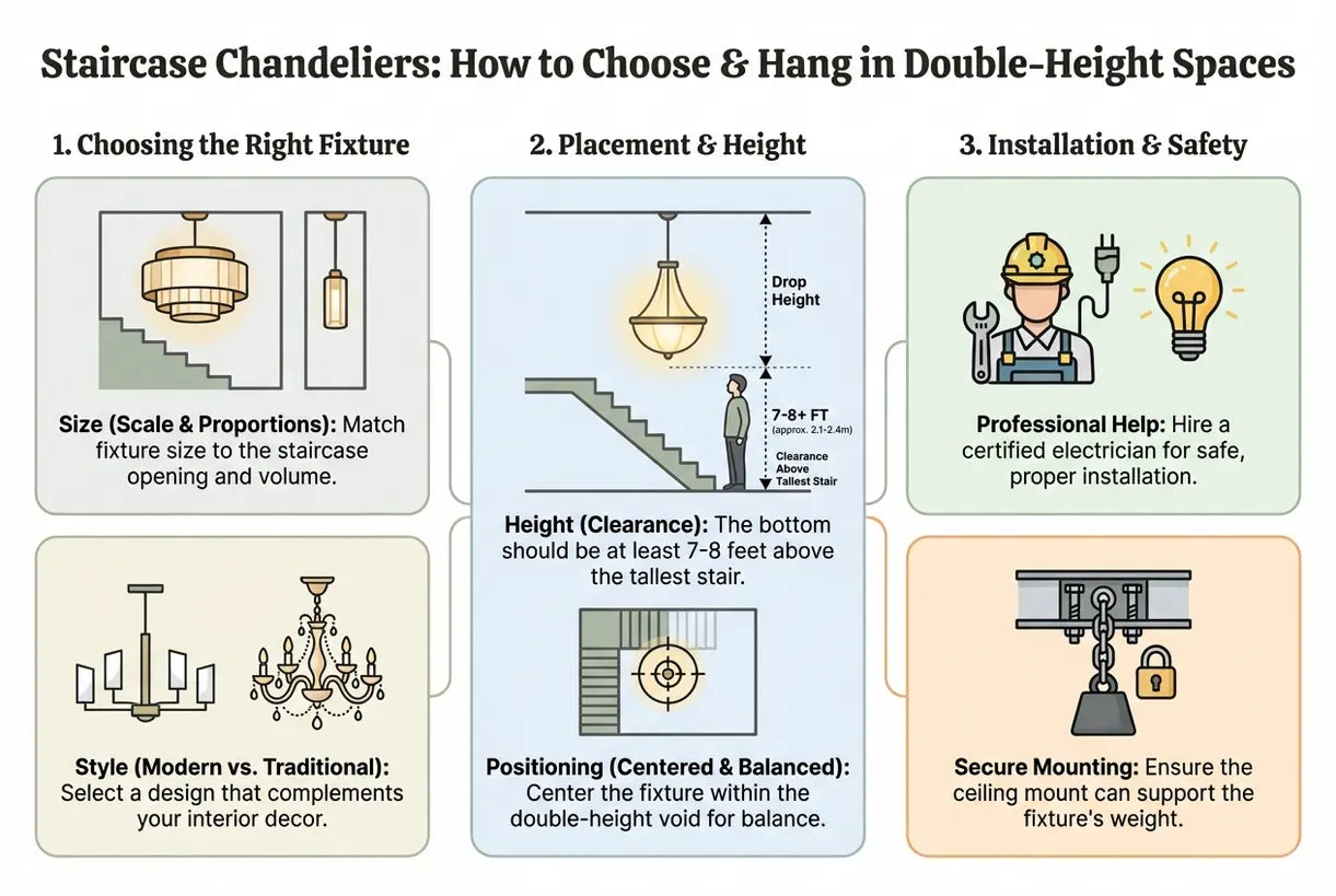 Kroonluchters voor het trappenhuis: zo kies en hang je een lamp in een ruimte over twee verdiepingen - infographic