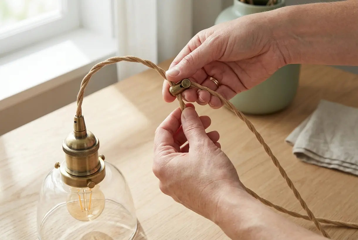 Handen passen de hoogte van de mini-pendellampkabel aan voor een perfecte plaatsing