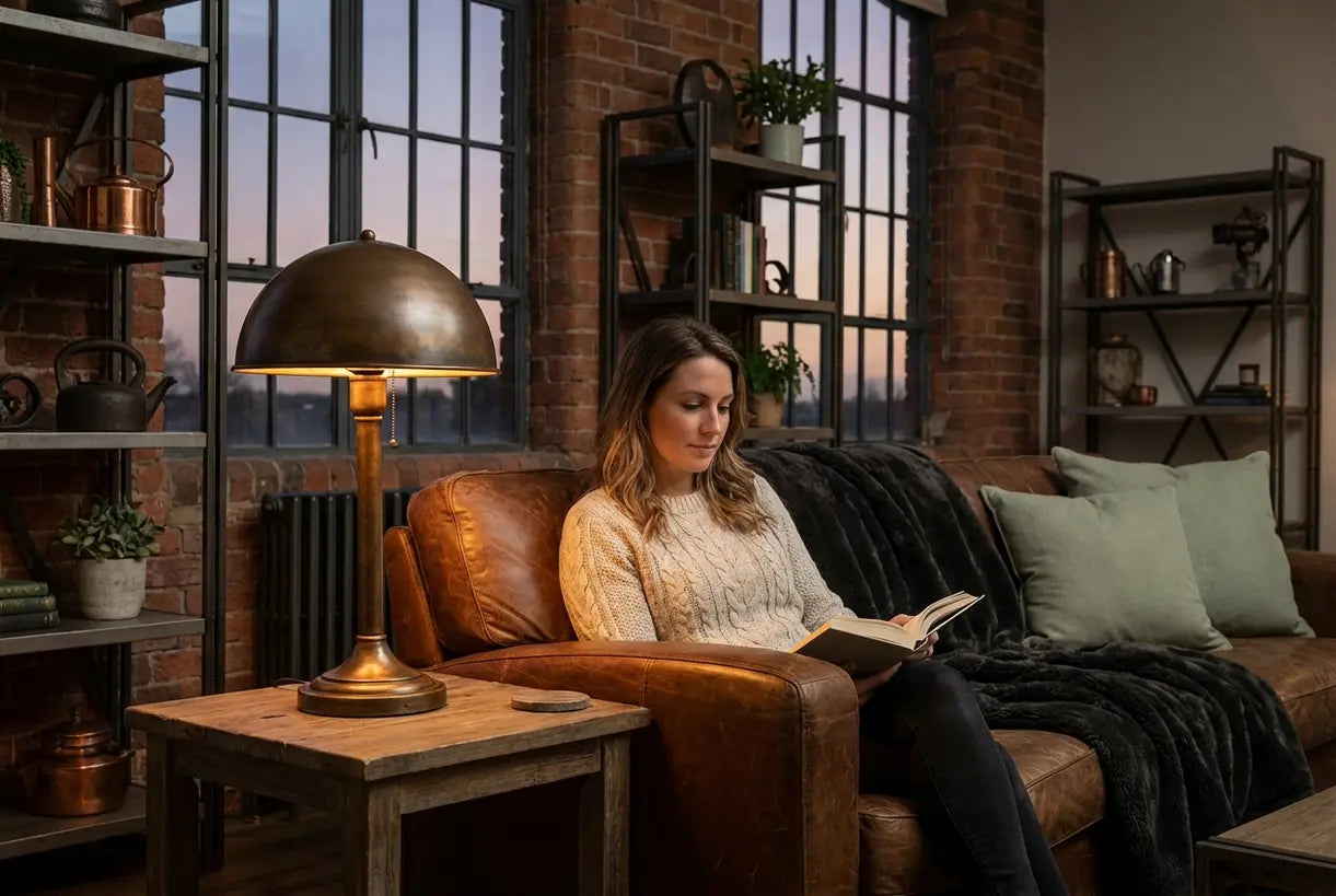 Bronzen tafellamp in industriële woonkamer met warme sfeerverlichting en zichtbare bakstenen muren