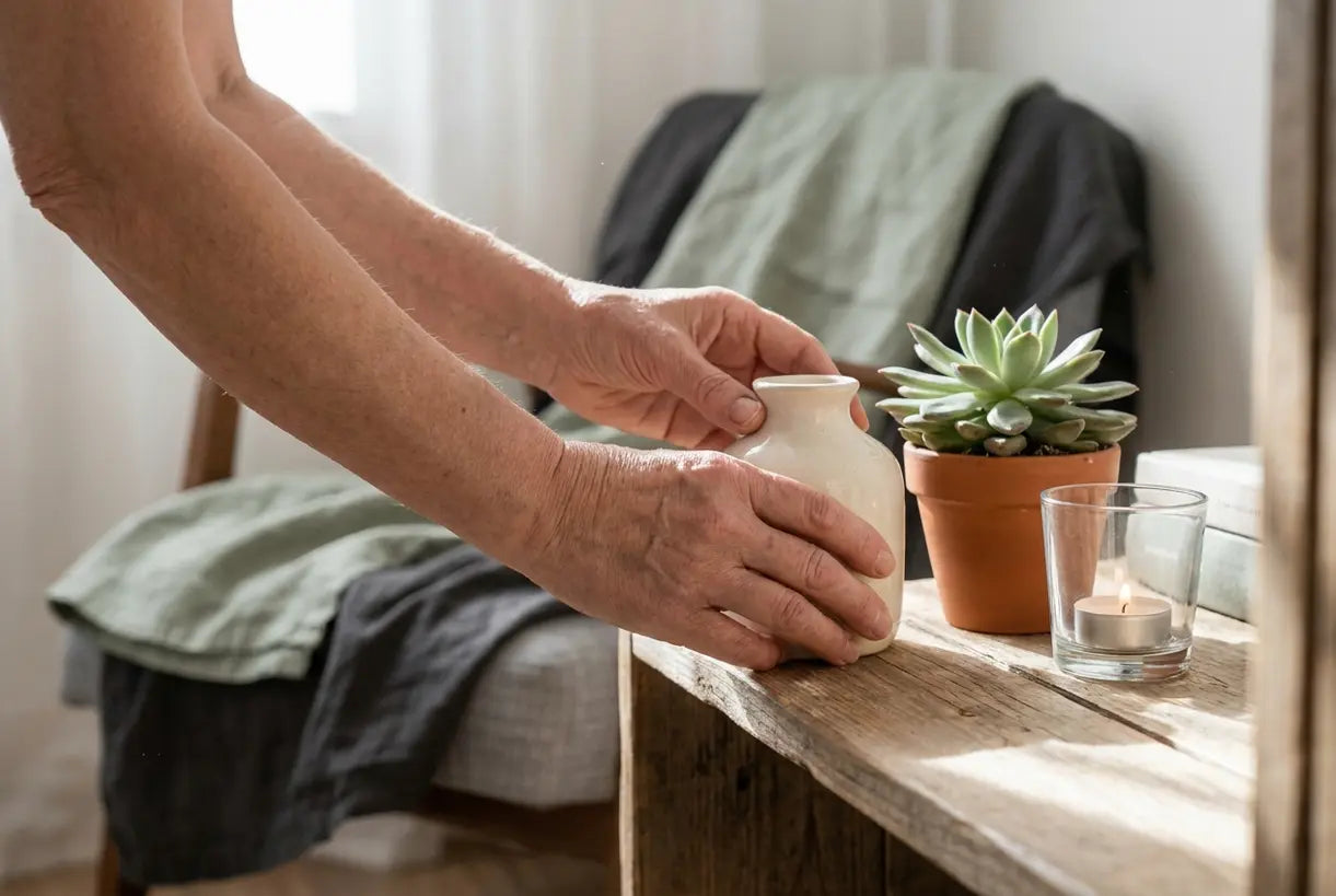 Hands arranging cheap home decor items on a shelf with natural light