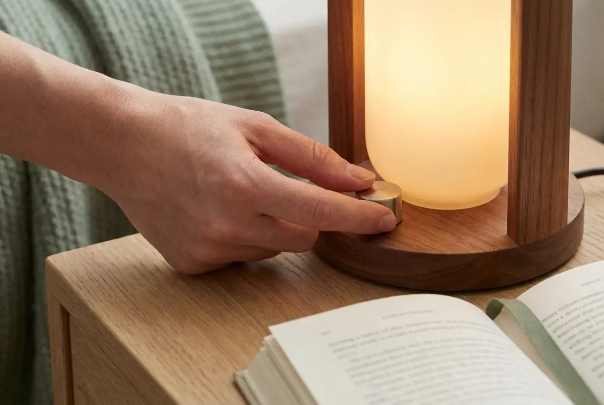 Hand die dimmer van oplaadbare leeslamp met warme amberkleurige gloed aanpast