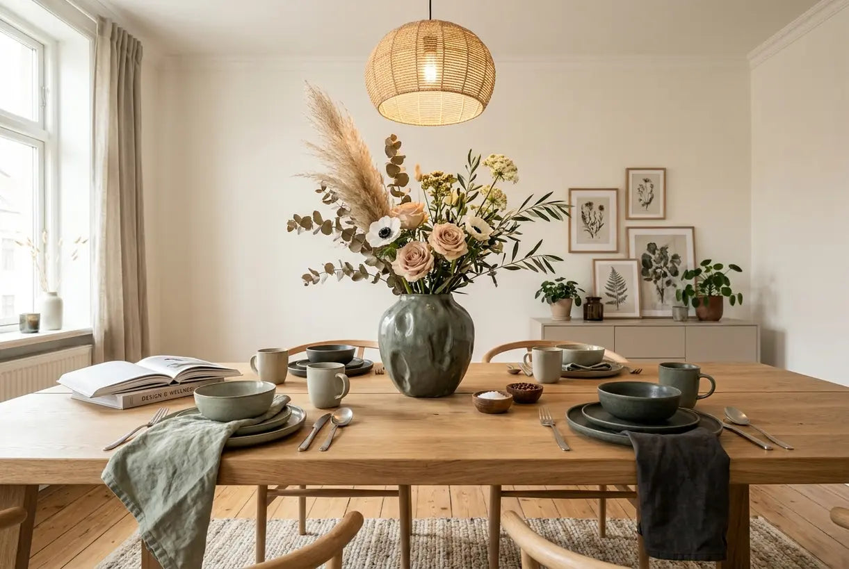 Skandinavischer Esstisch mit skulpturaler Vase mit Pampas und Blumen als Mittelstück