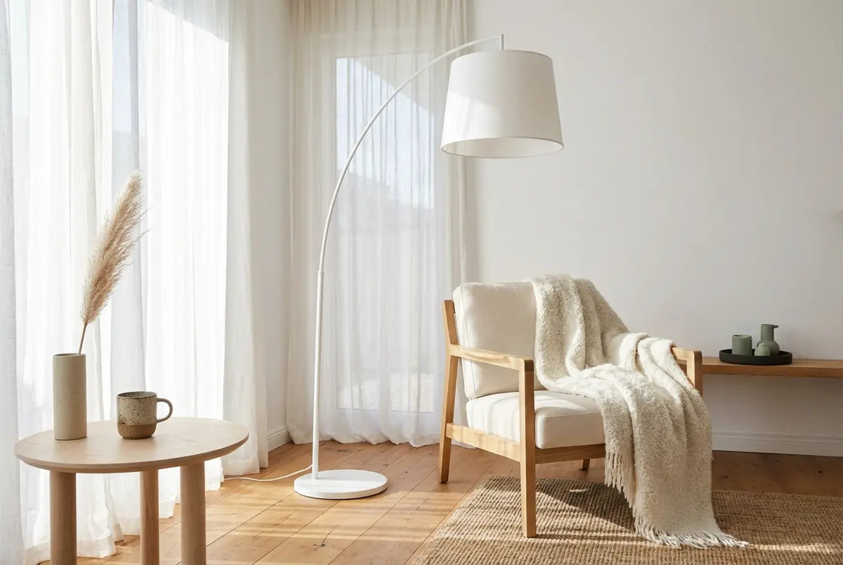 Scandinavische woonkamerhoek met witte vloerlamp en neutrale minimalistische inrichting