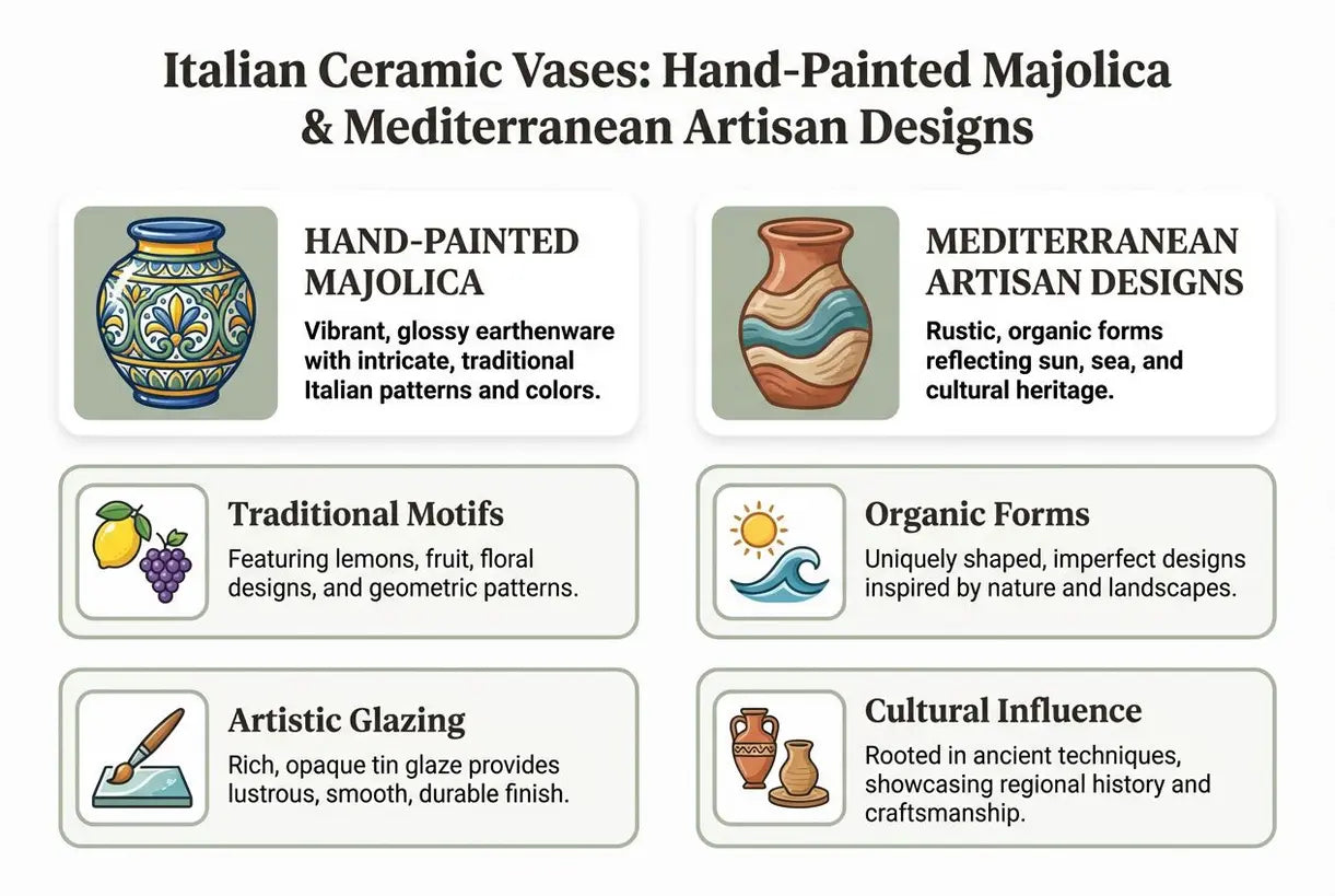 Italiaanse Keramische Vazen: Handgeschilderde Majolica & Mediterrane Ambachtelijke Ontwerpen - infographic