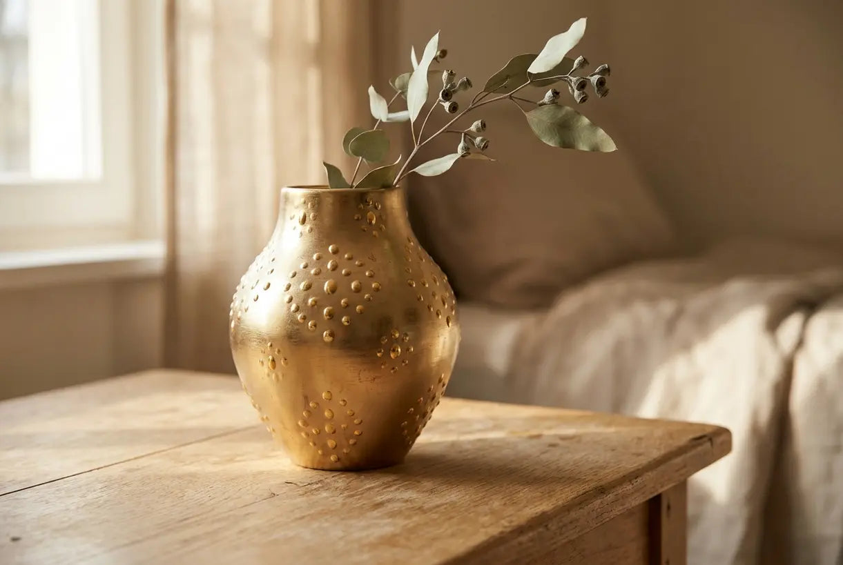 Handgemaakte keramische vaas met gouden stippen op een lichte houten ondergrond