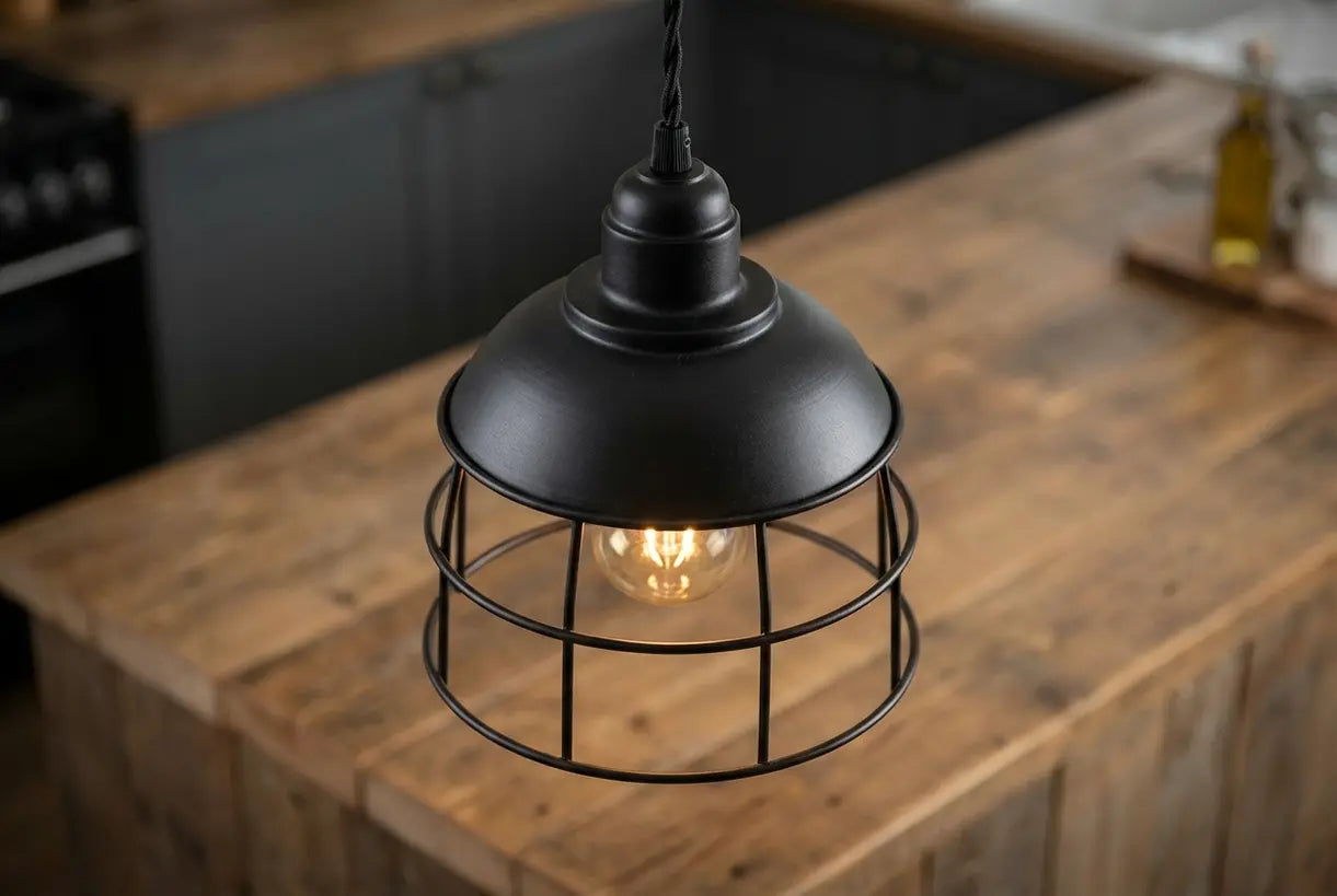 Matte black industrial pendant light close-up
