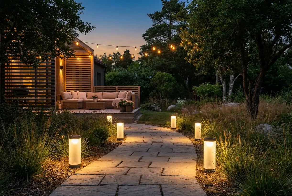 Tuinpad met warme padverlichting op zonne-energie bij schemering in Scandinavische buitenomgeving