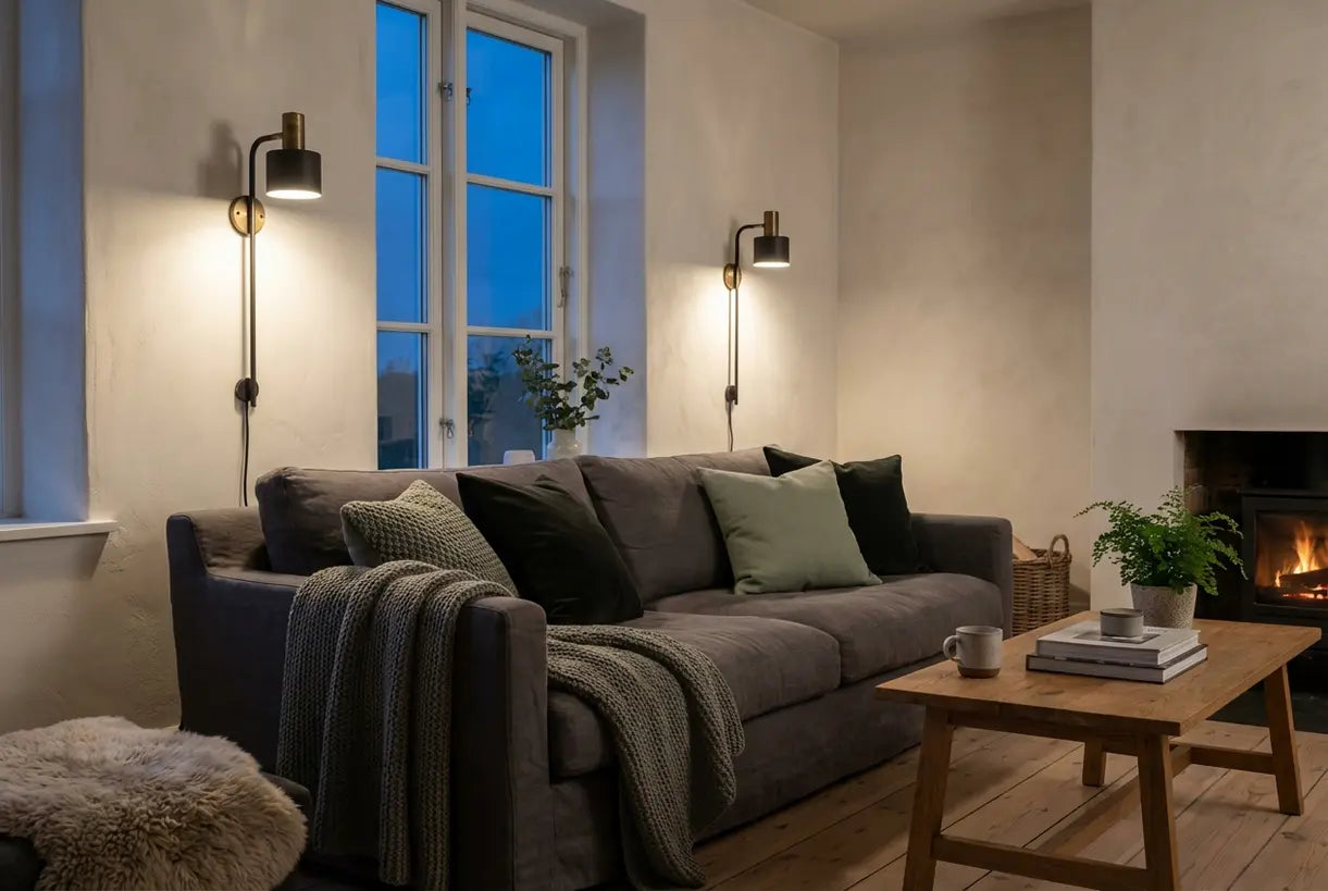 Scandinavian living room with wall sconces creating warm ambient lighting