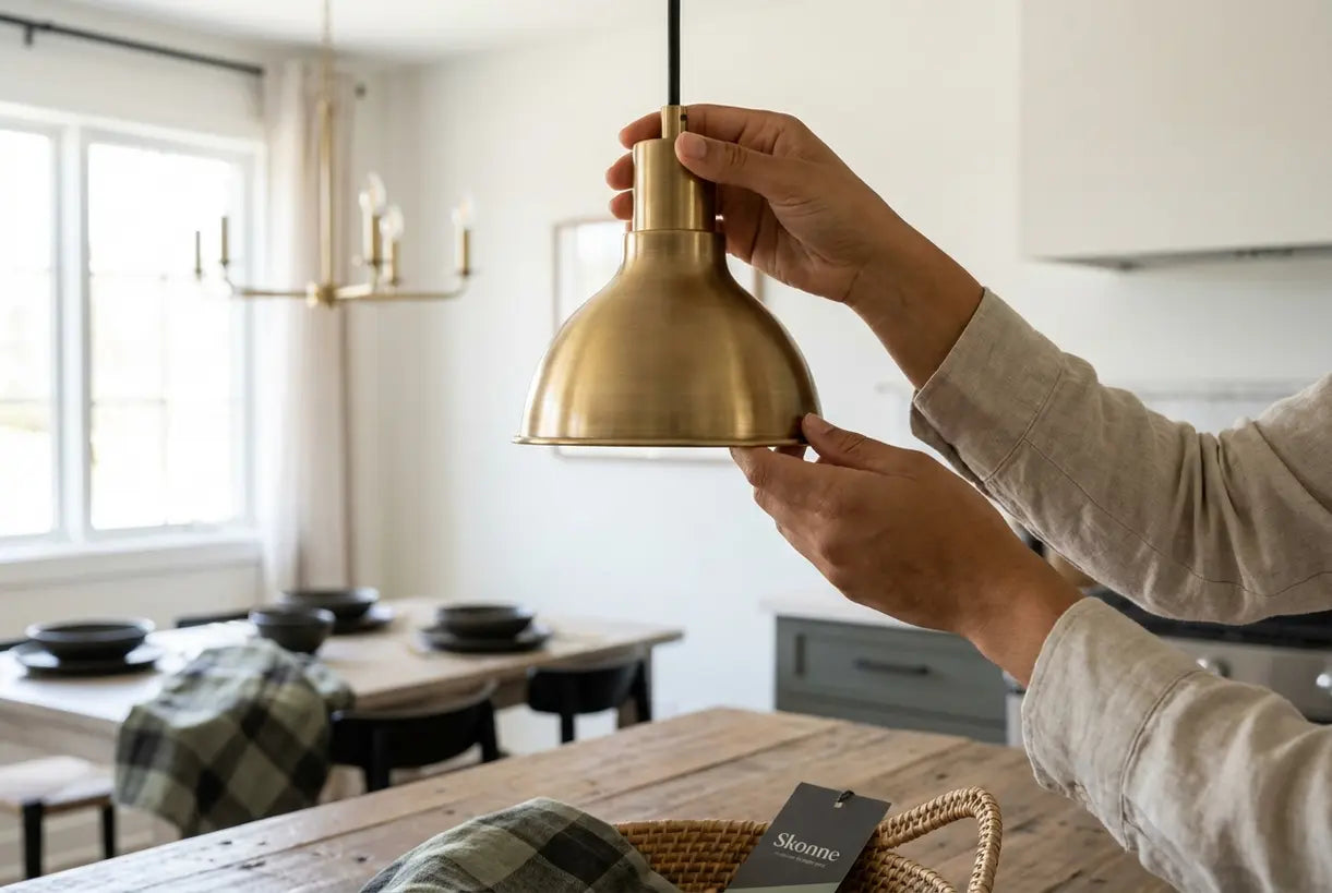Hands adjusting brass pendant light fixture over kitchen island for coordinated lighting design