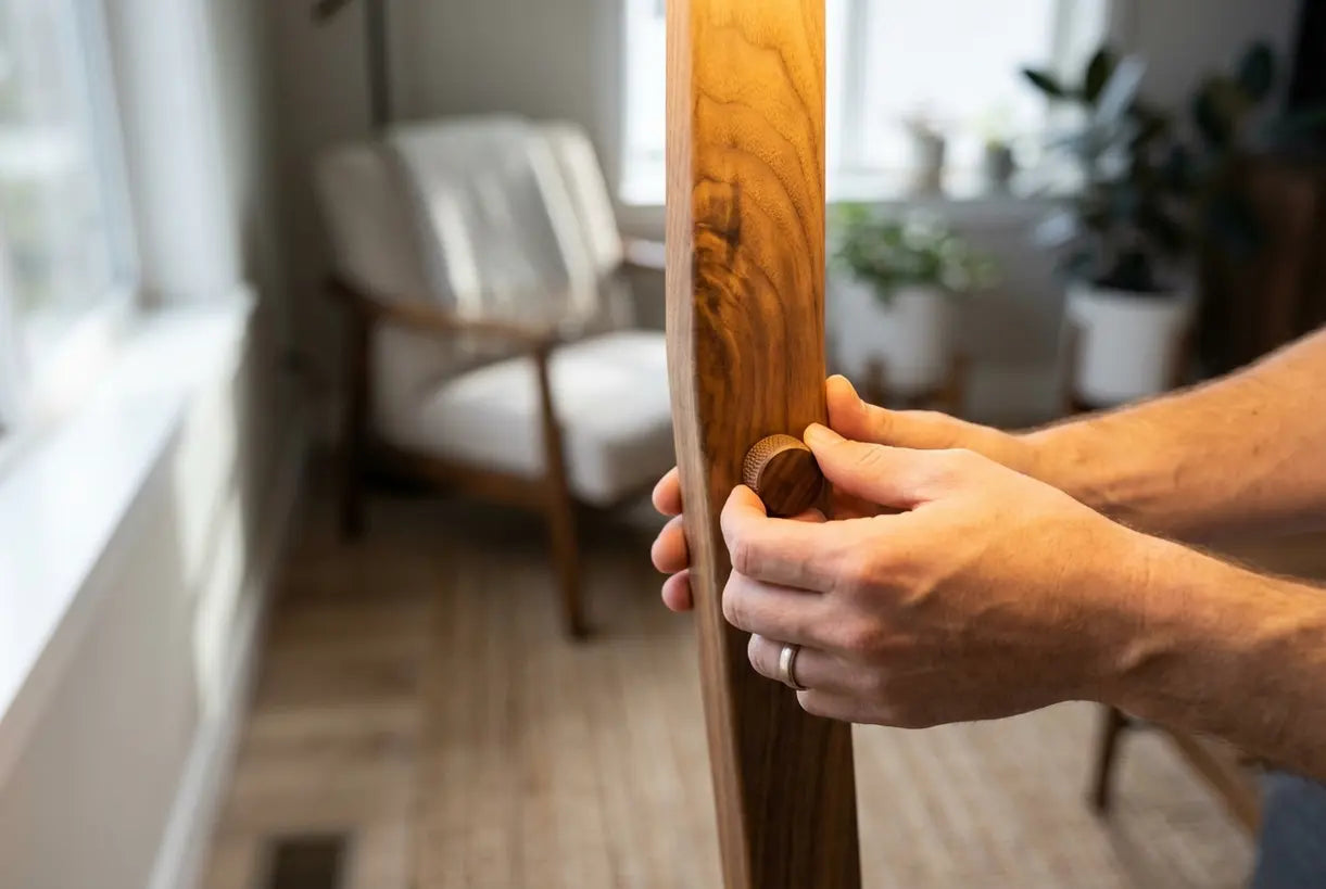 Handen die een houten vloerlamp met natuurlijke walnoothoutnerfstructuur in Scandinavisch huis verstellen