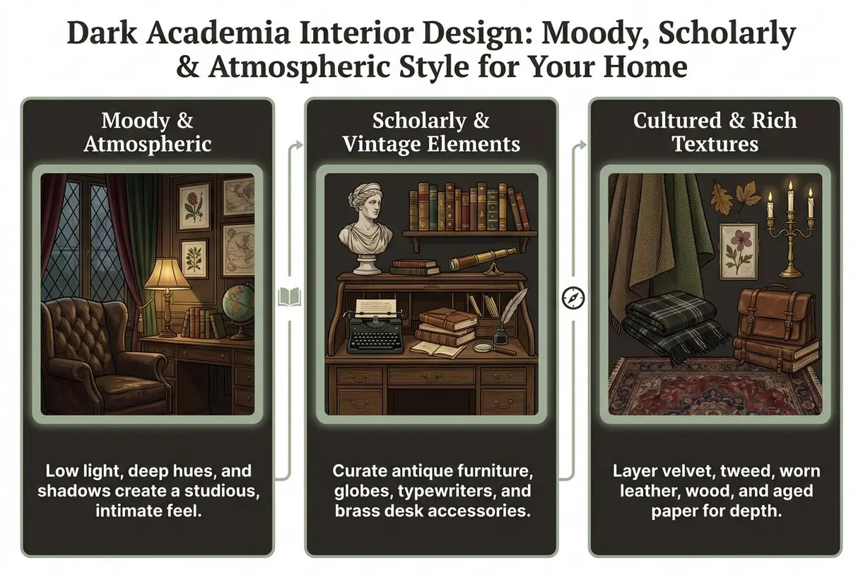 Dark Academia Interior Design: Moody, Scholarly & Atmospheric Style for Your Home - infographic