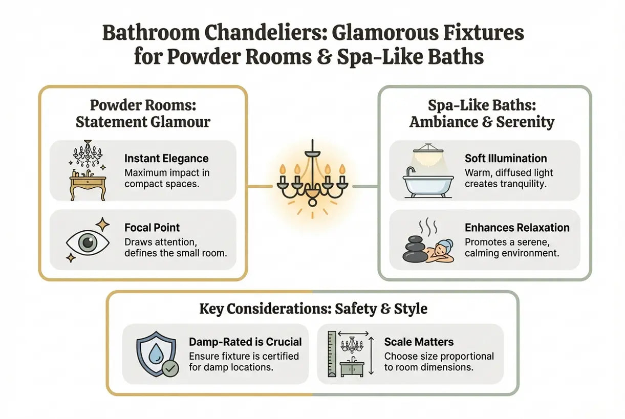 Badkamerkroonluchters: glamoureuze armaturen voor toiletten & spa-achtige badkamers - infographic