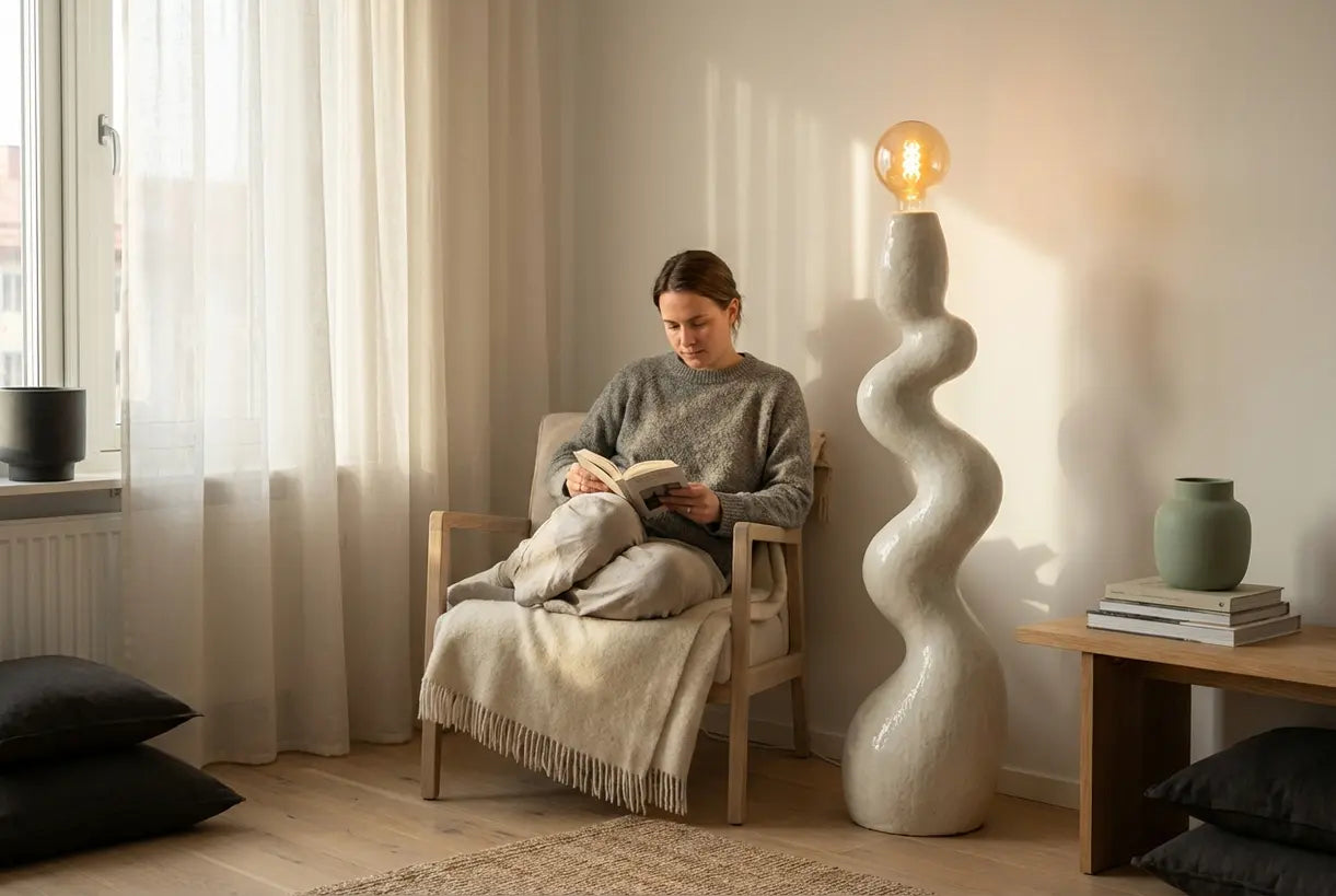 Scandinavische woonkamer met sculpturale ongebruikelijke vloerlamp als artistiek middelpunt