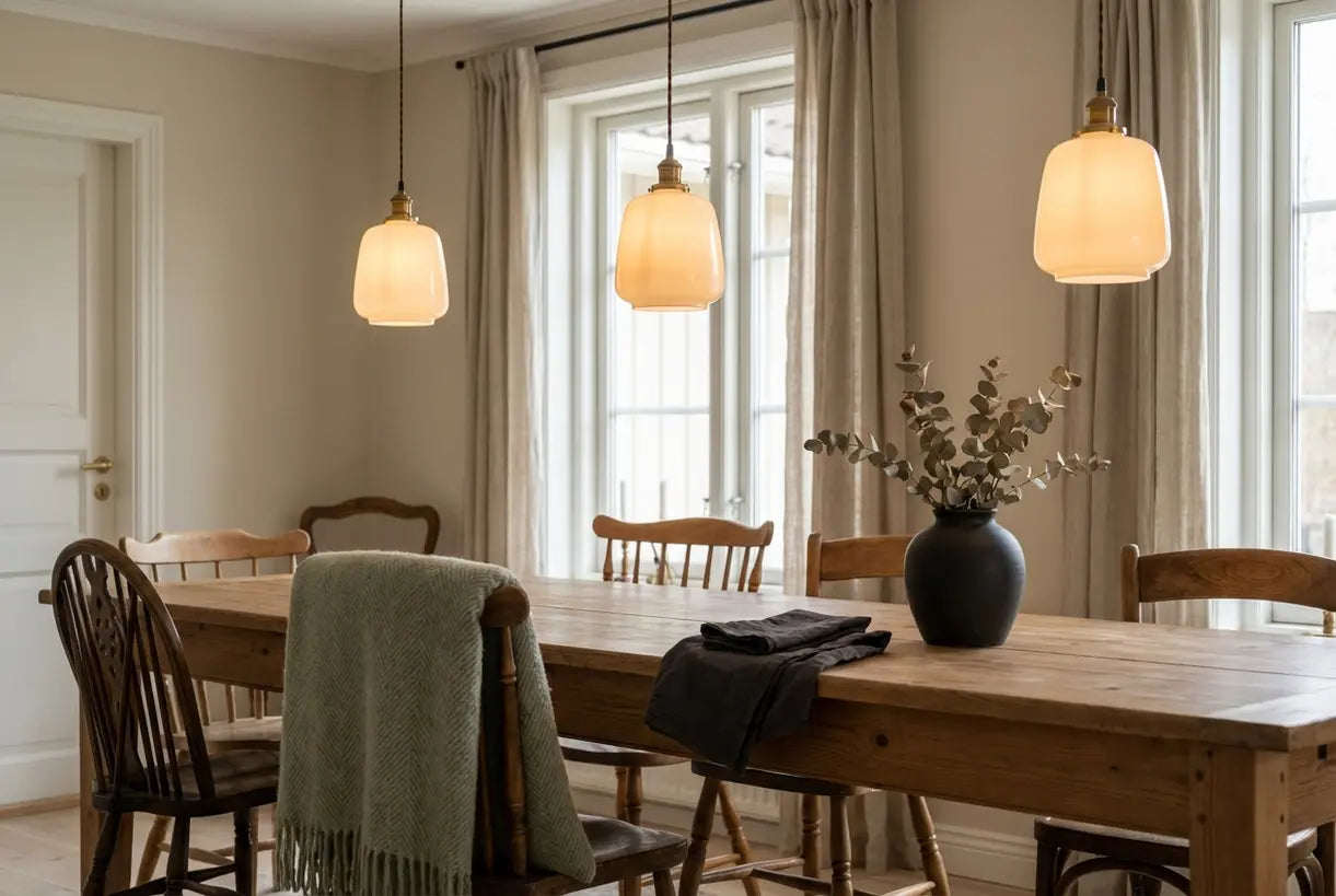 Vintage eetkamer met antieke melkglazen hanglampen boven houten tafel