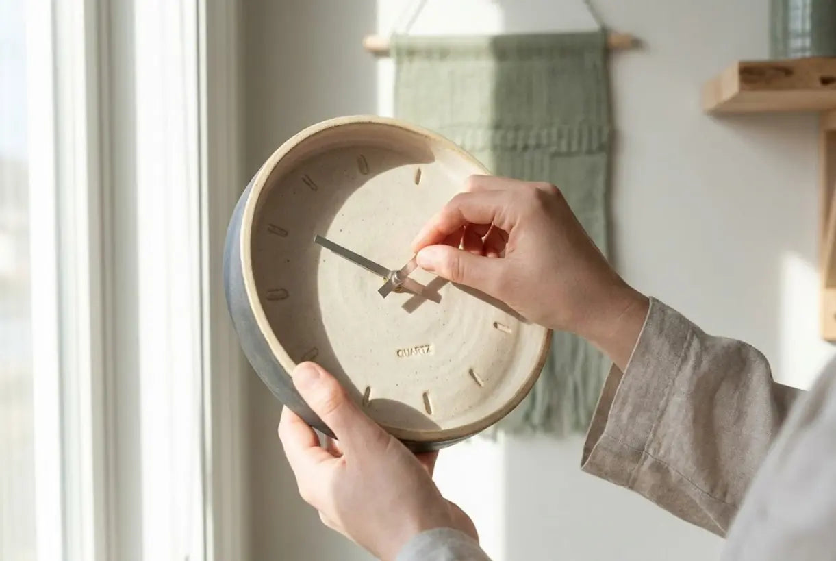 Handen die elegante keramische kwarts wandklok met getextureerde glazuurafwerking afstellen