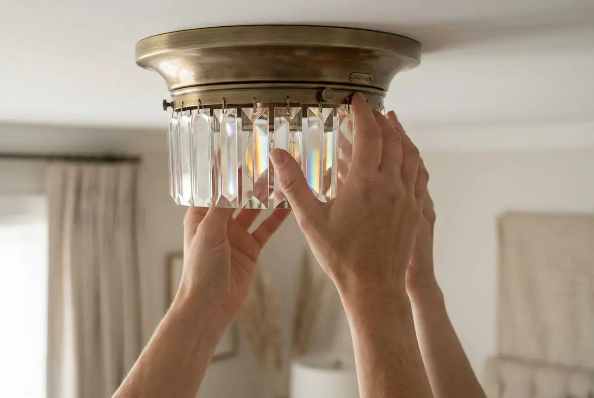 Kristallen plafondlamp met sprankelende kristallen elementen die warm licht breken