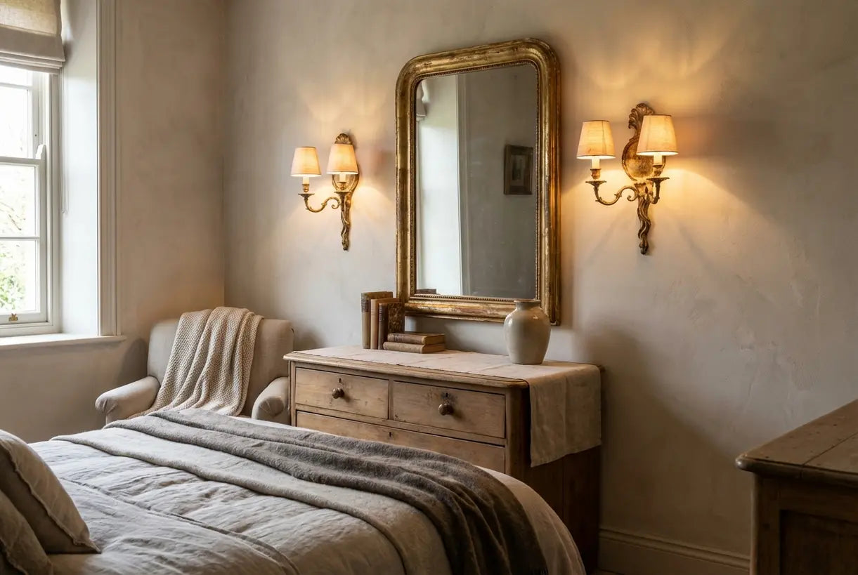 Elegantes Schlafzimmer mit Wandleuchten aus antikem Messing zu beiden Seiten eines Spiegels, die warmes Stimmungslicht spenden