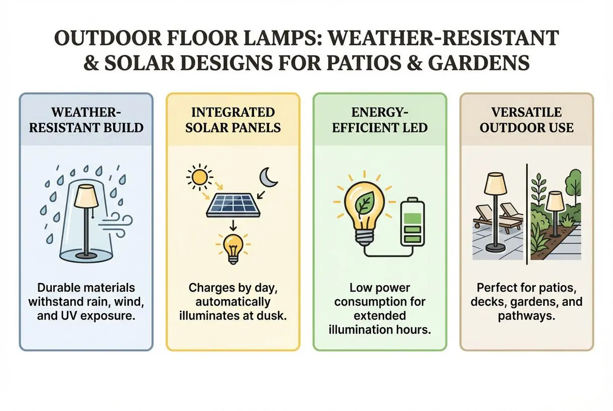 Vloerlampen voor buiten: weerbestendige ontwerpen en solarlampen voor terras en tuin - infographic