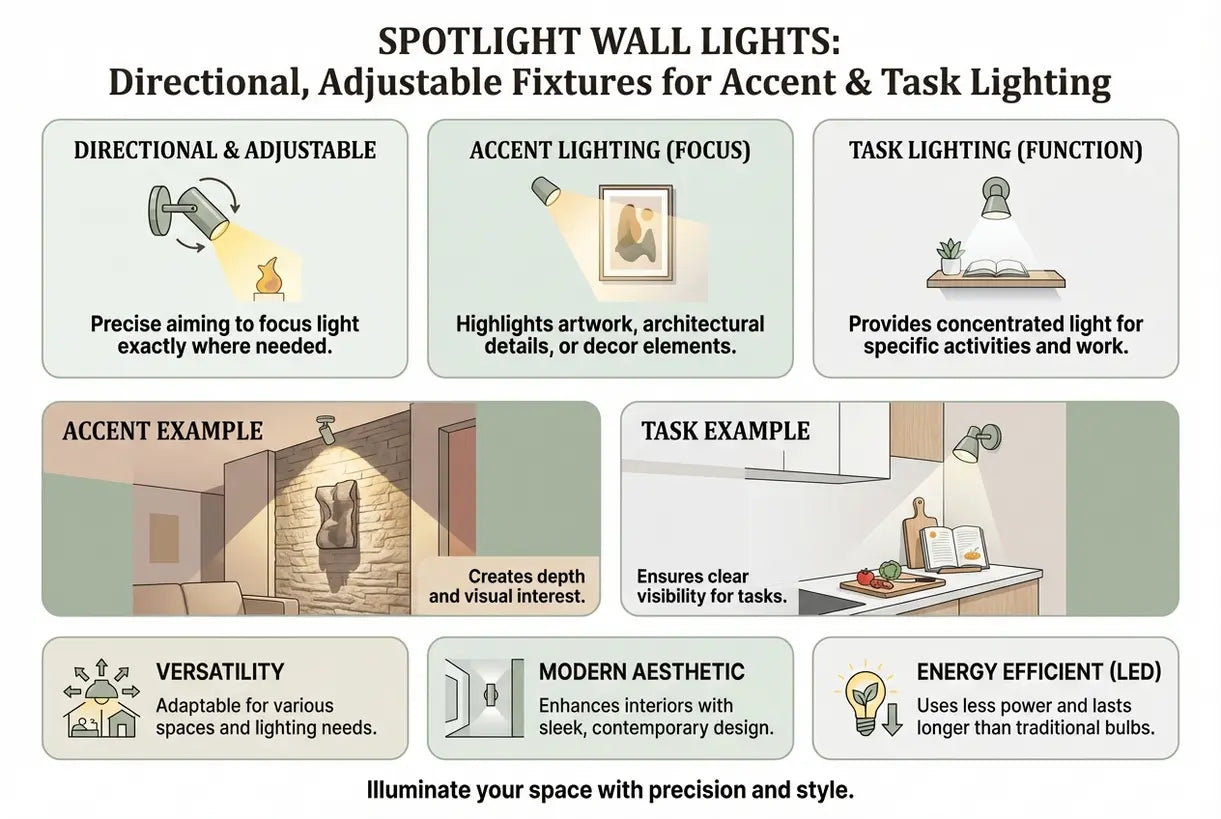 Spotlight Wandlampen: Directionele, verstelbare armaturen voor accent- & taakverlichting - infographic