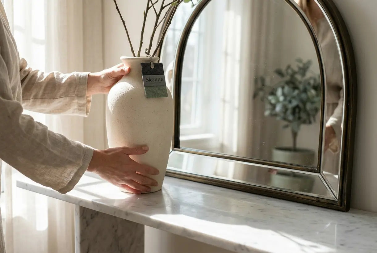 Close-up of hands styling ceramic vase beneath large arched mirror in Scandinavian interior