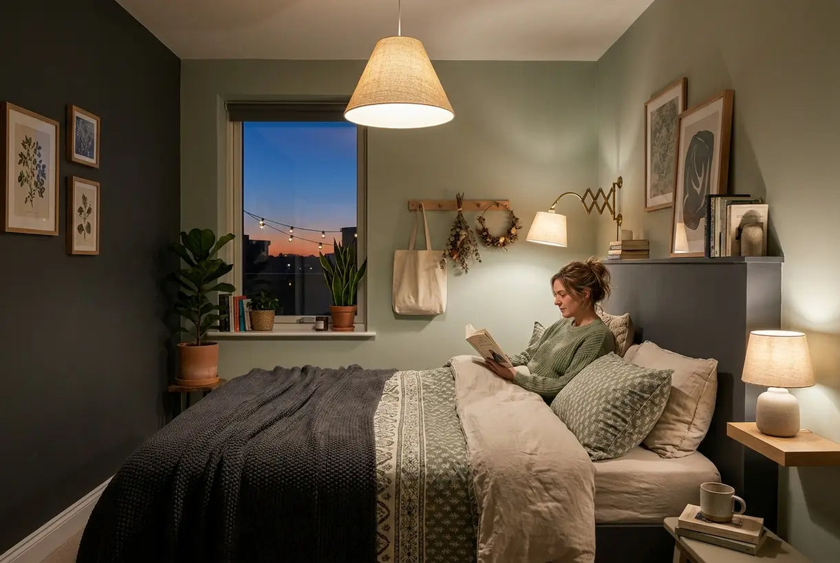 Cozy small bedroom with layered lighting from pendant, wall sconce and table lamp in Scandinavian style