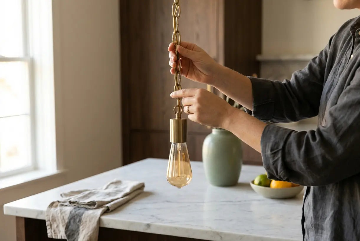 Modern pendant light hanging over kitchen island with marble countertop
