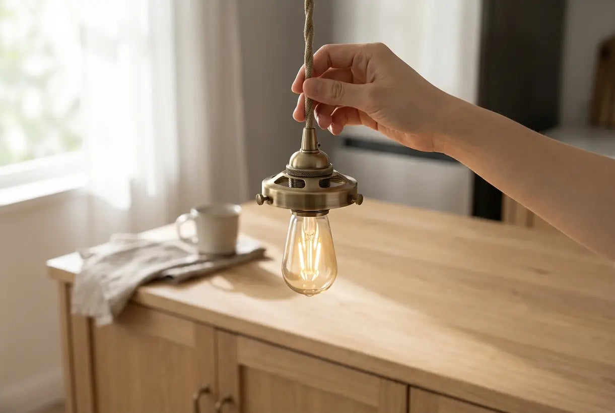 Kitchen island pendant light fixture hanging height adjustment detail