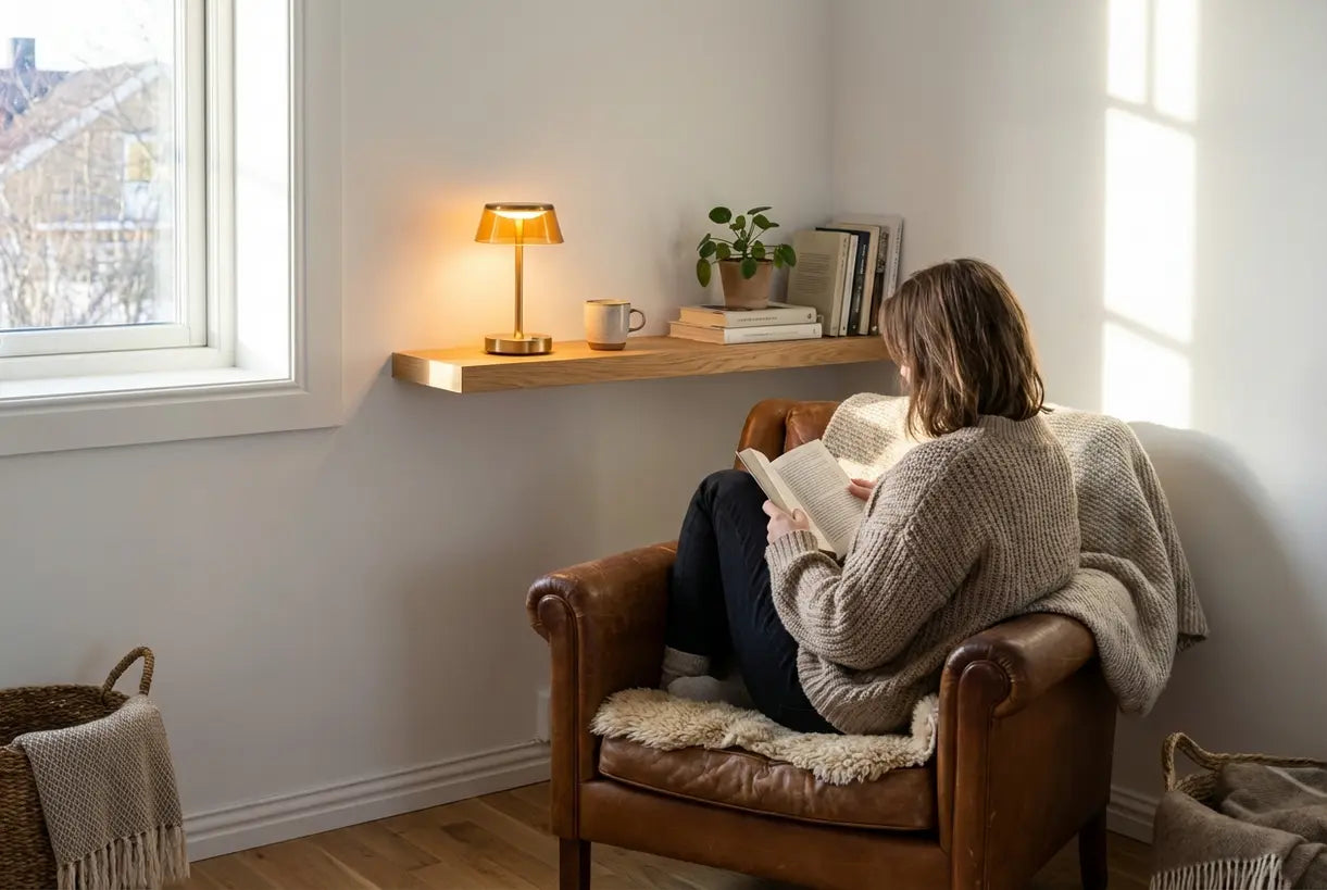 Scandinavische leeshoek met oplaadbare tafellamp op zwevende plank