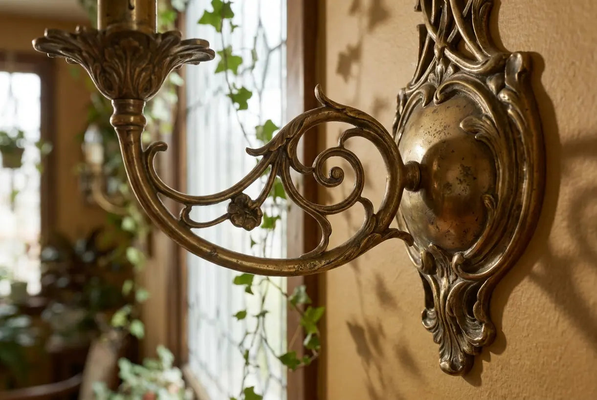 Brass Art Nouveau lighting detail with organic curved forms and flowing lines