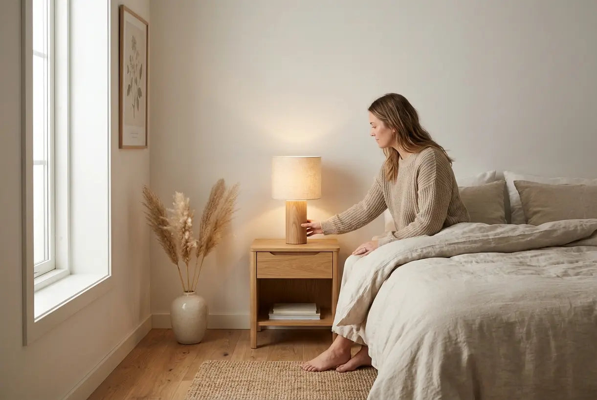 Scandinavische slaapkamer met elegante nachtkastlamp en persoon die een gezellige avondsfeer creëert