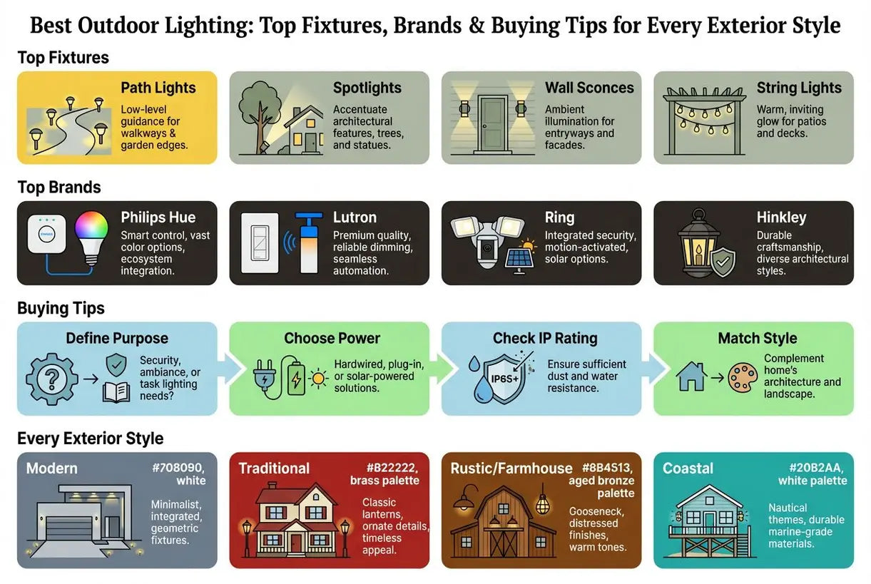 Beste buitenverlichting: top armaturen, merken & kooptips voor elke exterieurstijl - infographic