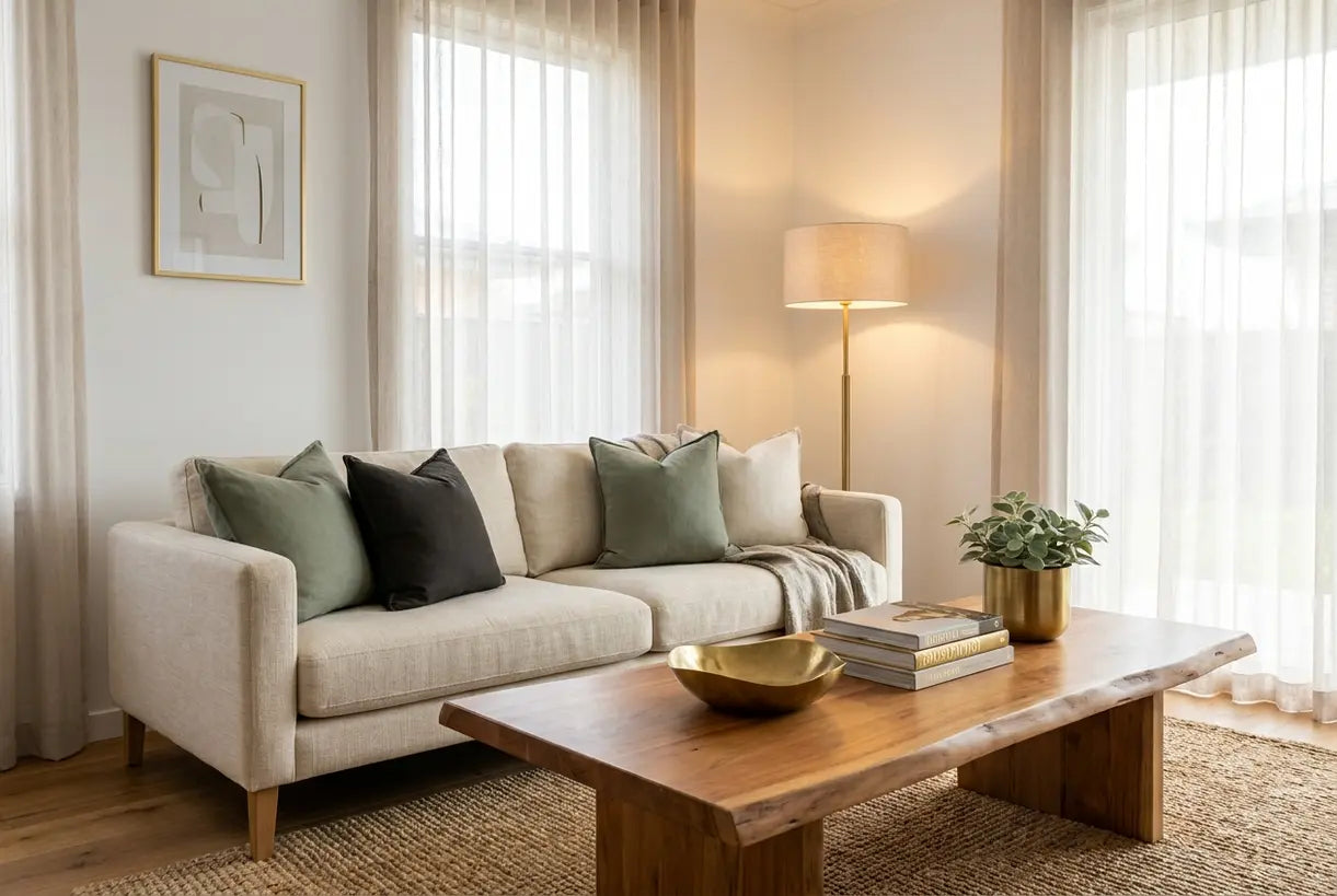 Scandinavian living room with golden home decoration accents and warm brass lighting