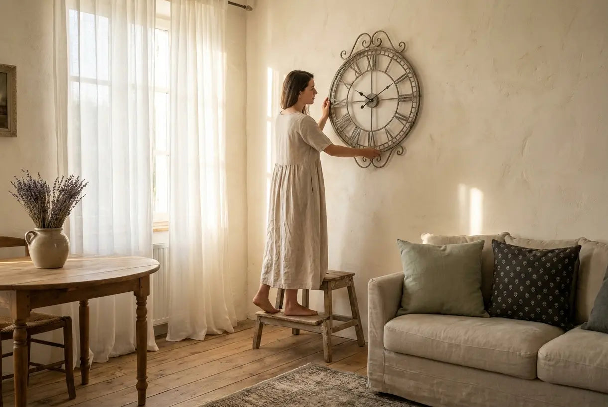 Französisches Landhaus-Wohnzimmer mit eleganter Wanduhr und romantischer Inneneinrichtung